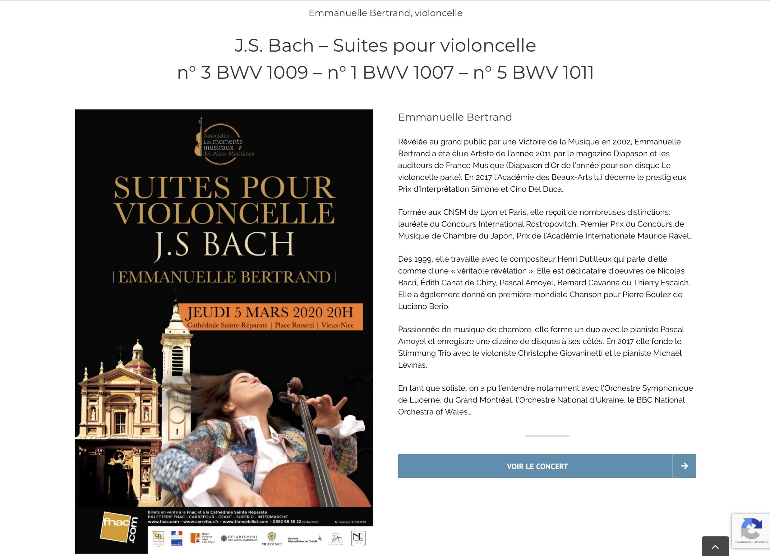 Concert de Emmanuelle Bertrand : J.S. Bach – Suites pour violoncelle